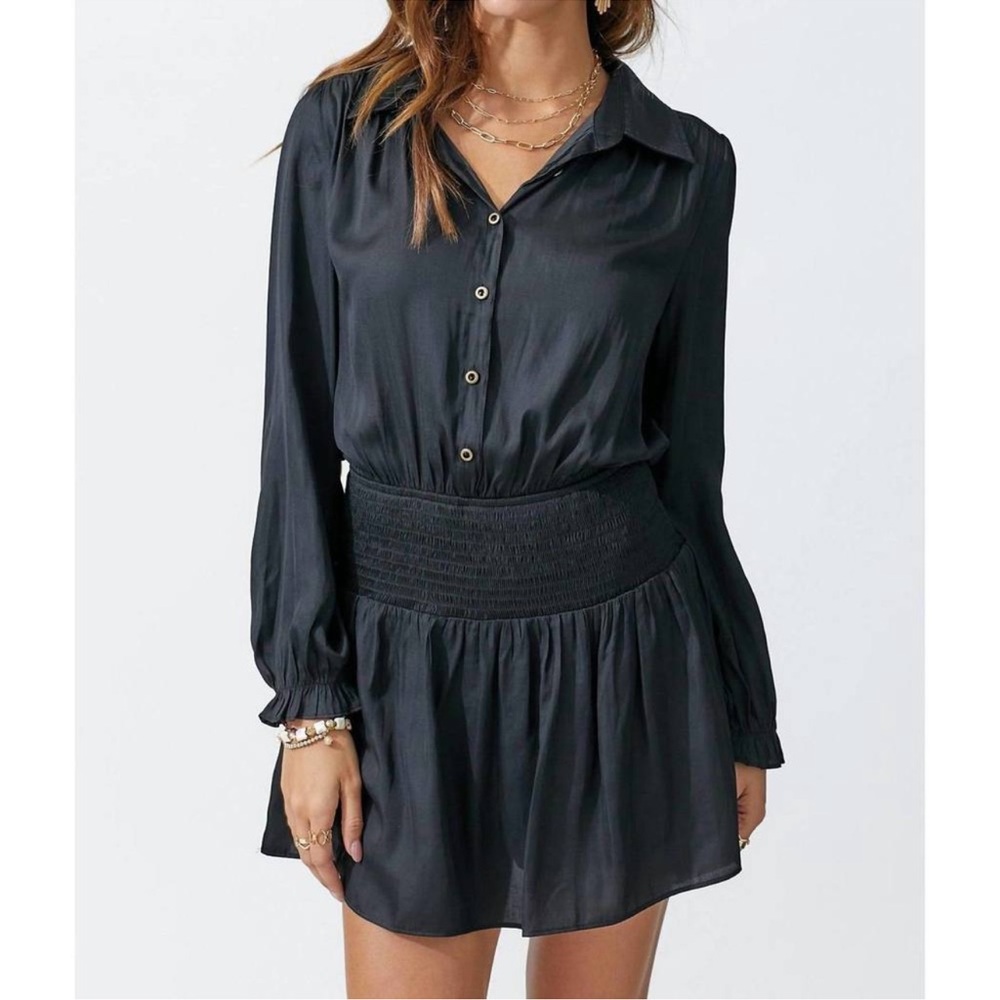 Day + Moon Smocked Mini Black Dress With Shorts Lining. Small Cinched Waist